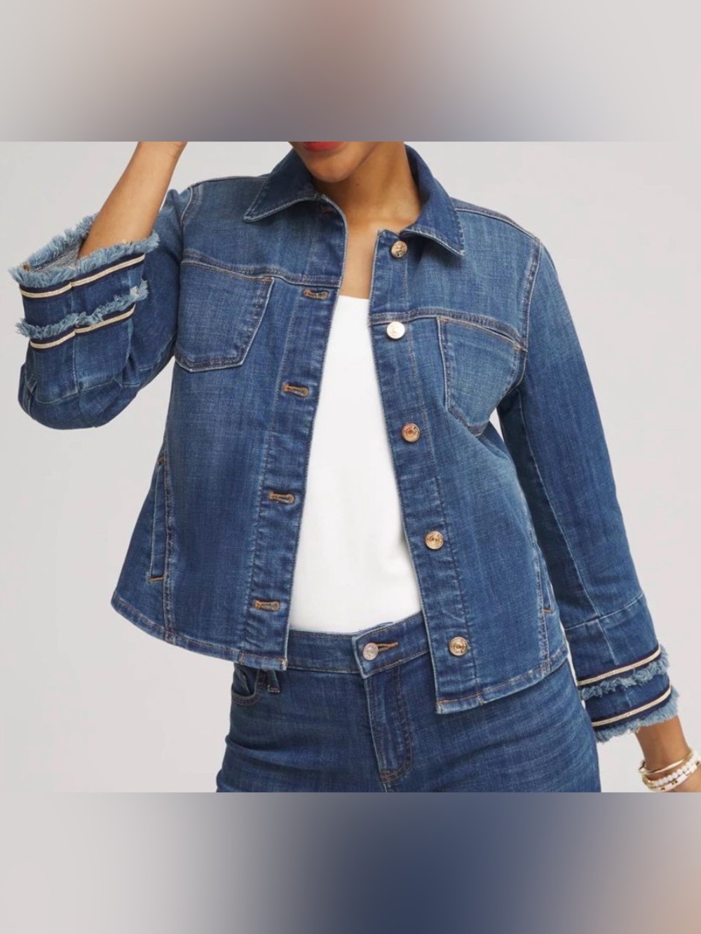 Chicos denim utility jacket with frayed cuffs and gold trim size 4 XXL